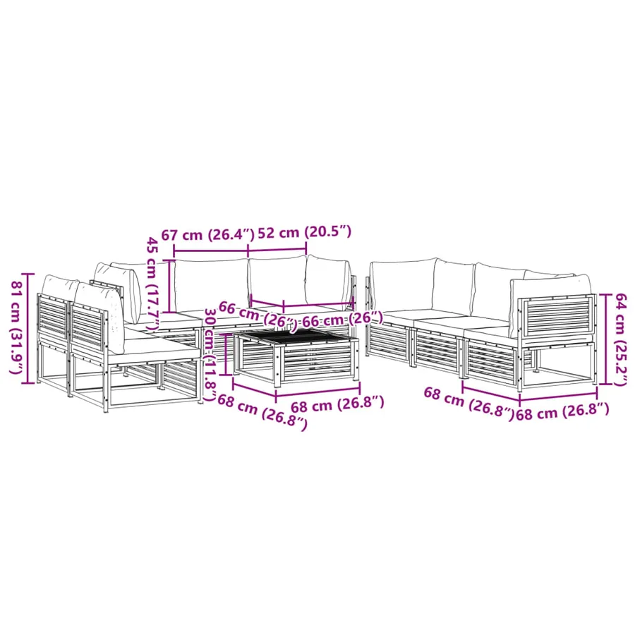 Salon de jardin avec coussins 9 pcs bois massif d'acacia - 12