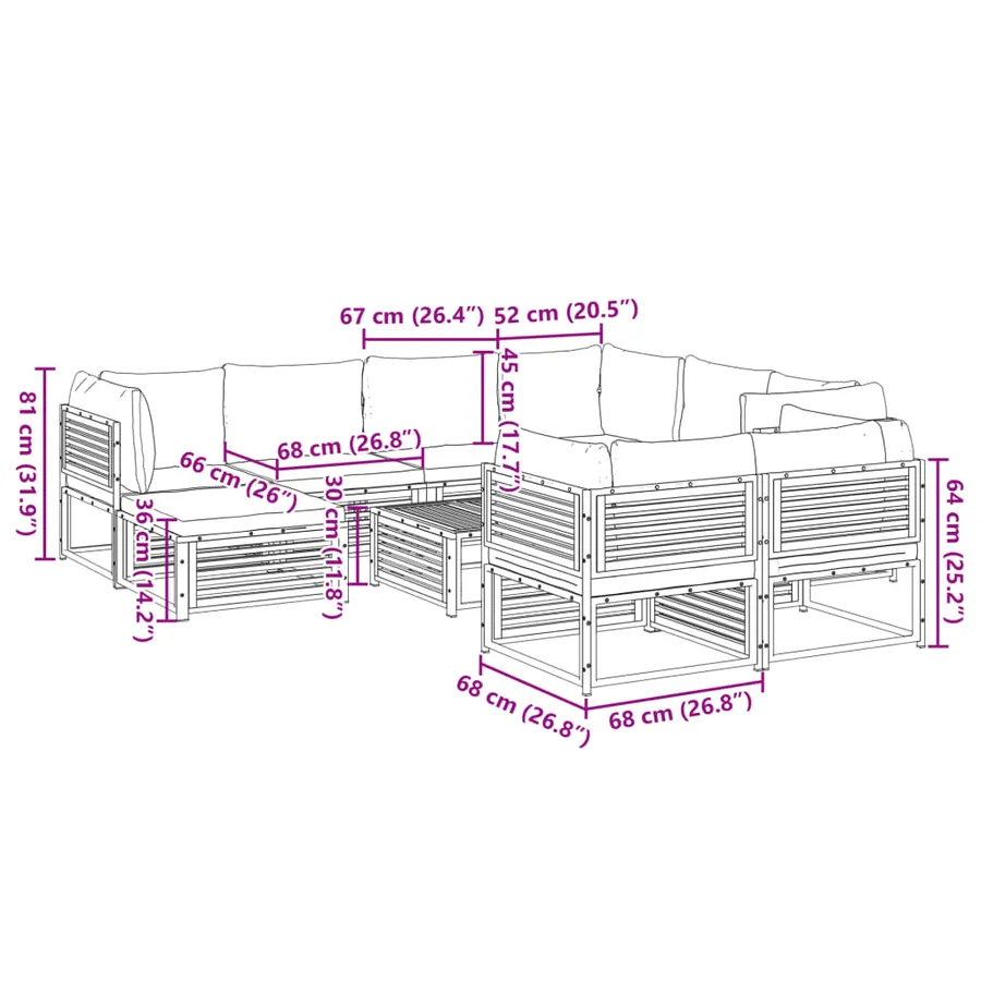 Salon de jardin avec coussins 10 pcs bois d'acacia solide - 14