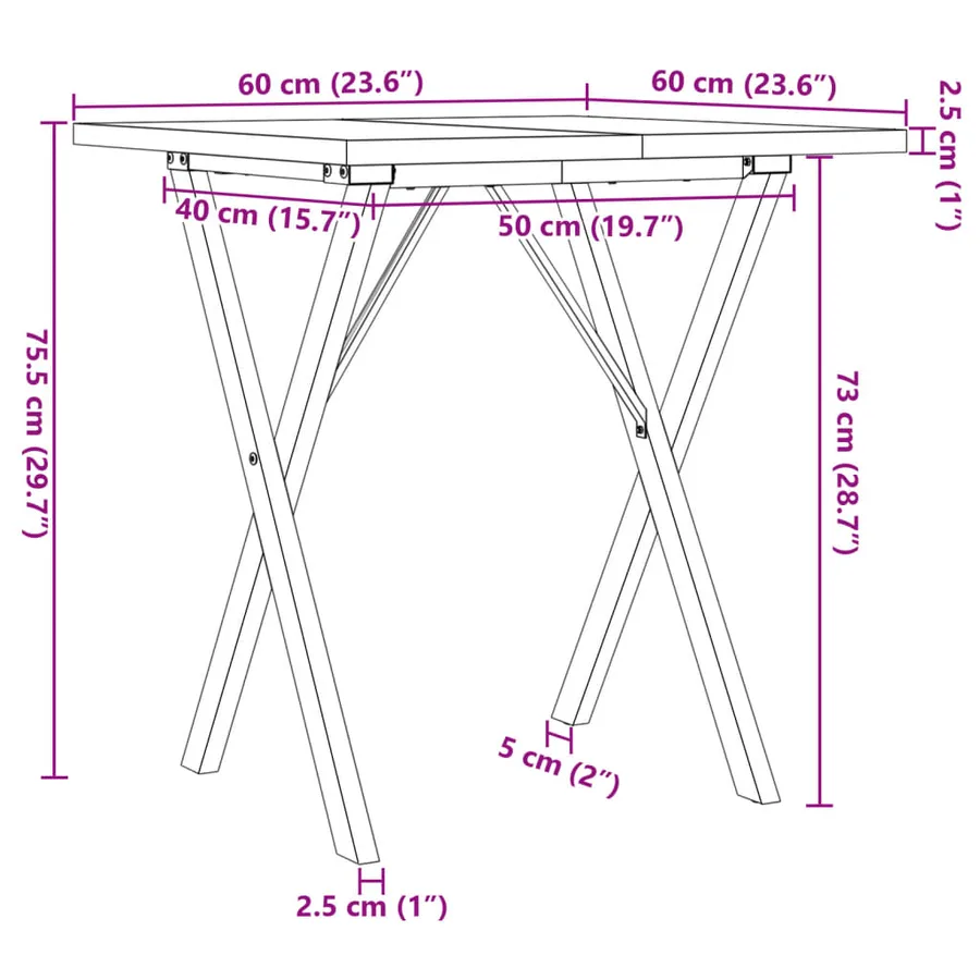 Table à manger cadre en X 60x60x75,5cm bois de pin massif acier - 10