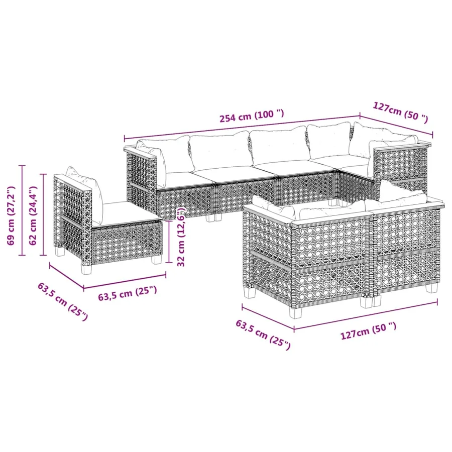 Salon de jardin 8 pcs avec coussins gris résine tressée - 6