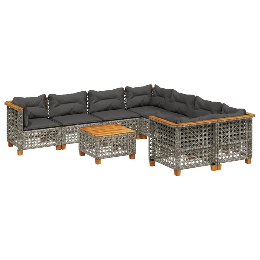 Salon de jardin 9 pcs avec coussins gris résine tressée - 2