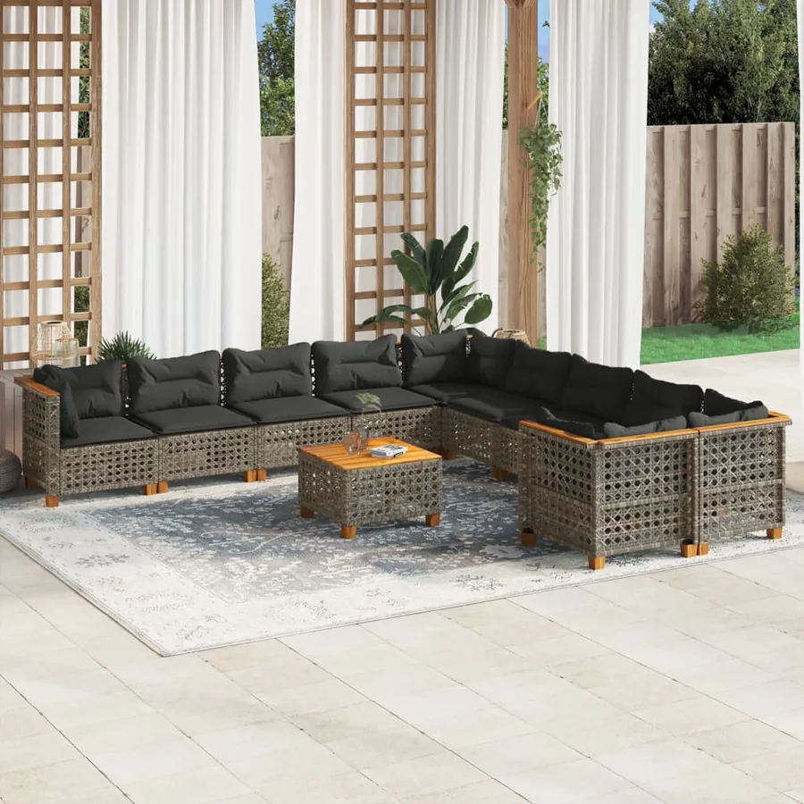 Salon de jardin 11 pcs avec coussins gris résine tressée