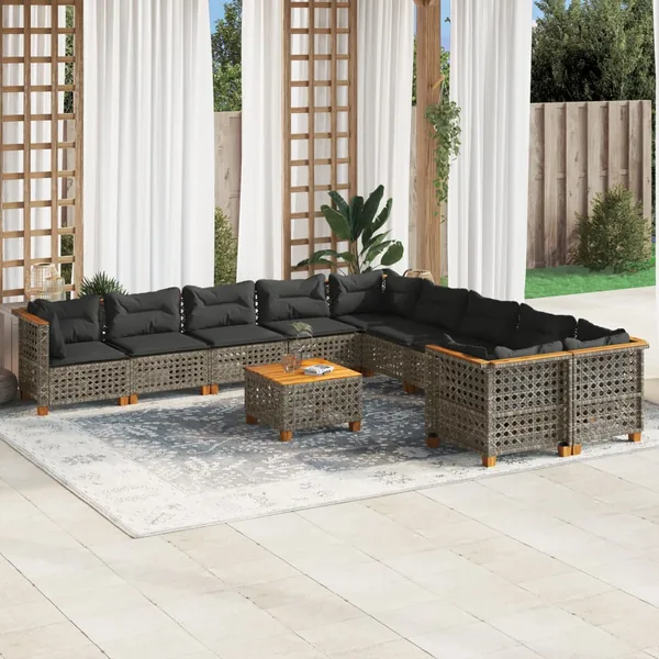 Salon de jardin 11 pcs avec coussins gris résine tressée