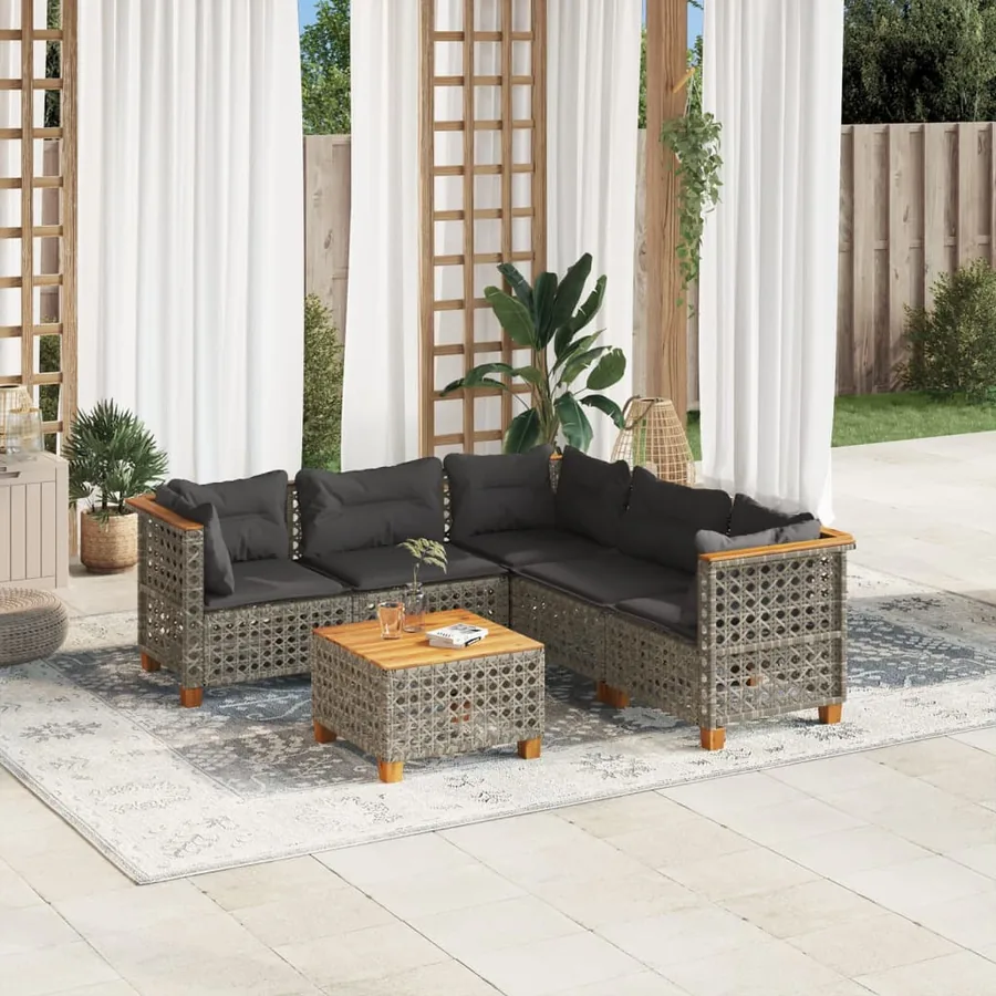 Salon de jardin 6 pcs avec coussins gris résine tressée