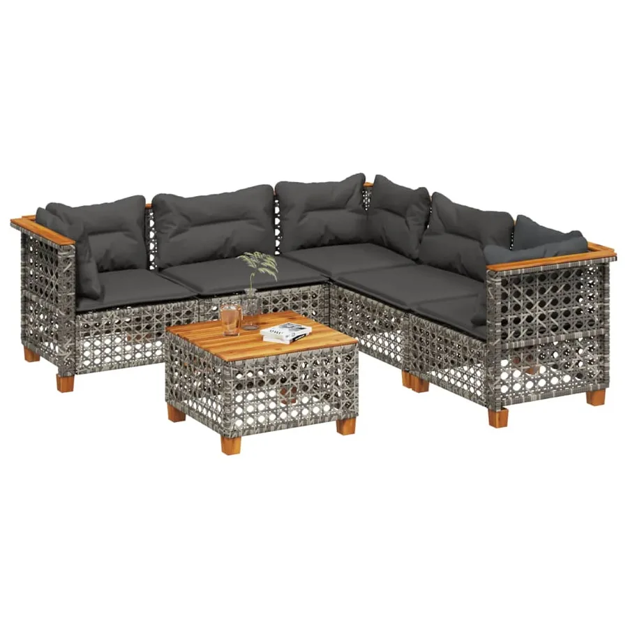 Salon de jardin 6 pcs avec coussins gris résine tressée - 2