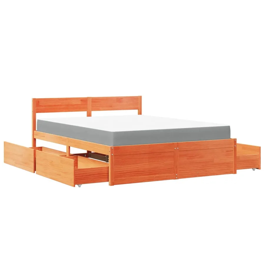Lit avec tiroirs/matelas cire marron 160x200 cm bois massif pin - 11