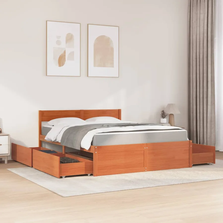 Lit avec tiroirs/matelas cire marron 160x200 cm bois massif pin - 3