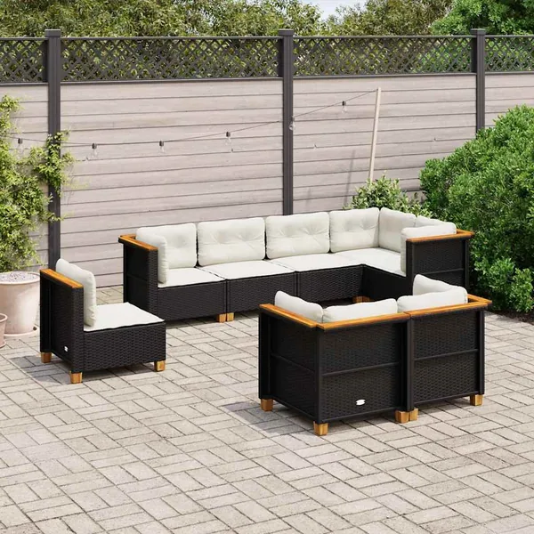 Salon de jardin 8 pcs avec coussins noir résine tressée