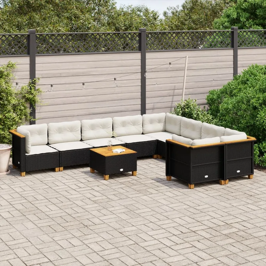 Salon de jardin 10 pcs avec coussins noir résine tressée