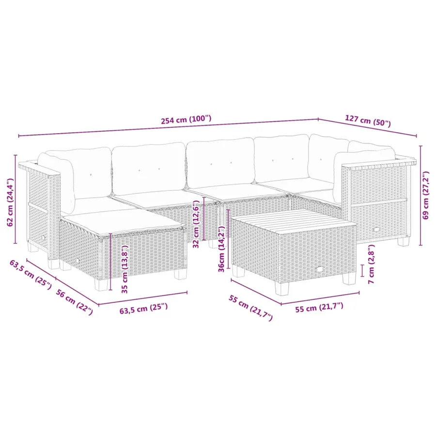 Salon de jardin 7 pcs avec coussins noir résine tressée 63,5 x 63,5 x 62 cm - 61,6 kg - 9