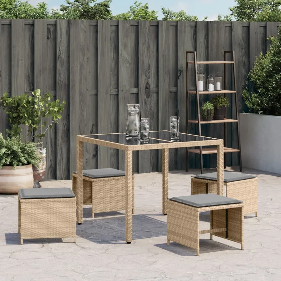 Tabourets de jardin et coussins lot de 4 mélange beige rotin - 4