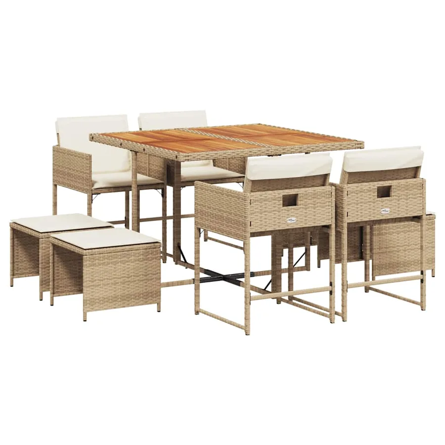 Ensemble à manger de jardin et coussins 9 pcs beige Poly rotin - 2