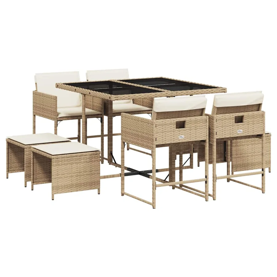 Ensemble à manger de jardin et coussins 9 pcs beige Poly rotin - 2