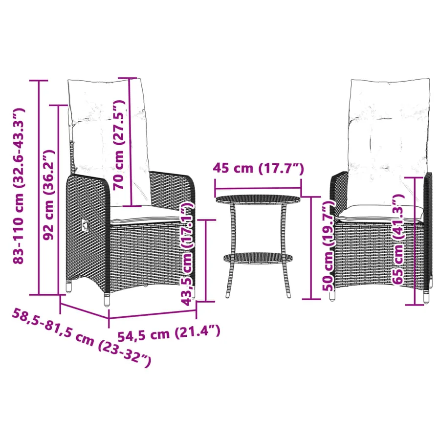 Chaises inclinables de jardin lot de 2 avec table beige rotin - 11