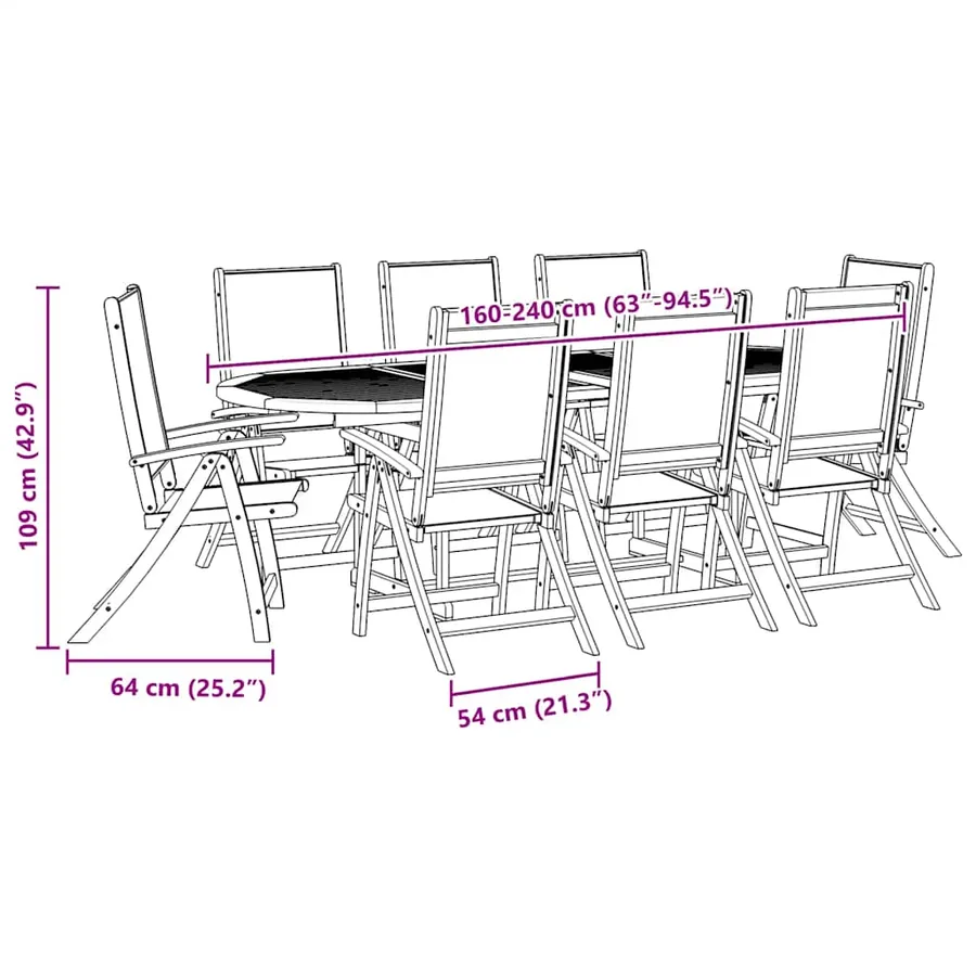 Ensemble à manger de jardin 9pcs bois d'acacia solide textilène - 13