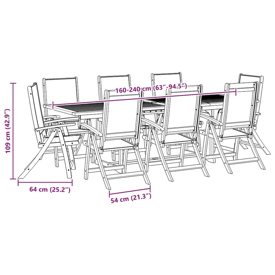 Ensemble à manger de jardin 9pcs bois d'acacia solide textilène - 14