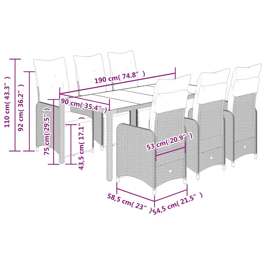 Ensemble de bistro de jardin 7 pcs coussins marron poly rotin - 7