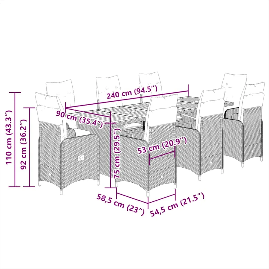 Ensemble de bistro de jardin 9 pcs coussins gris poly rotin - 7