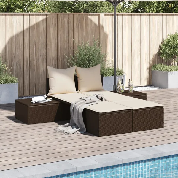 Chaise longue double avec coussins marron résine tressée