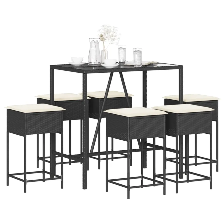 Ensemble de bar de jardin 7 pcs avec coussins noir poly rotin