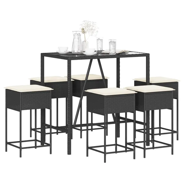 Ensemble de bar de jardin 7 pcs avec coussins noir poly rotin