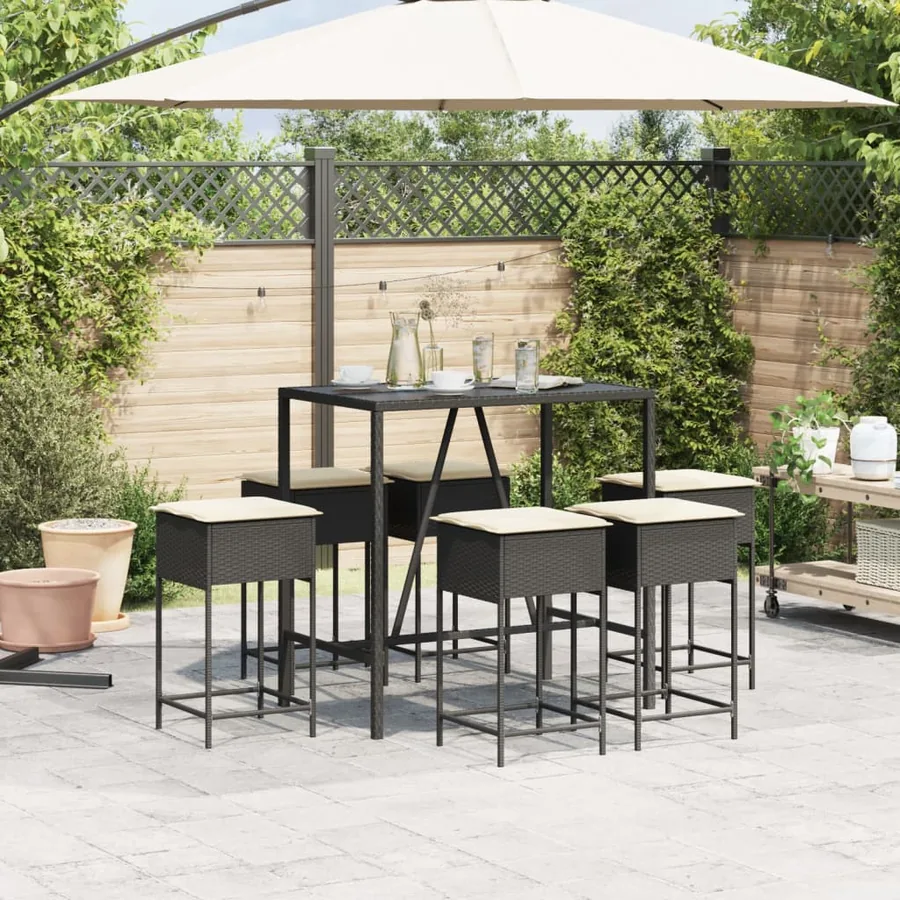 Ensemble de bar de jardin 7 pcs avec coussins noir poly rotin - 3
