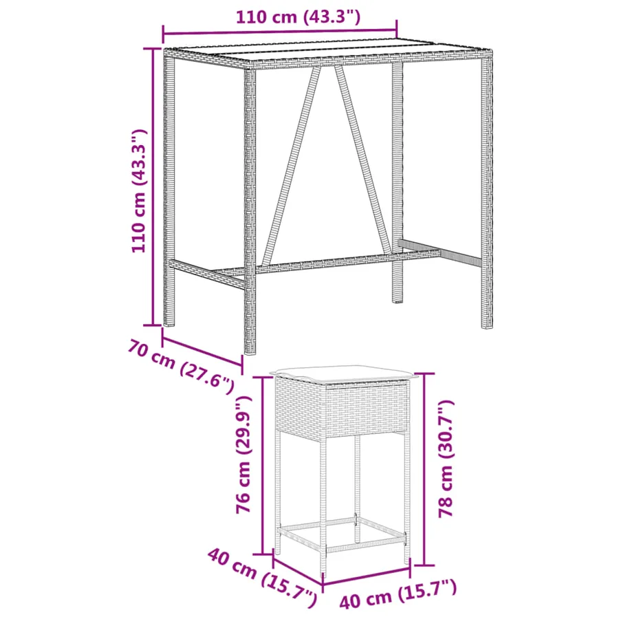 Ensemble de bar de jardin 7 pcs avec coussins noir poly rotin - 8