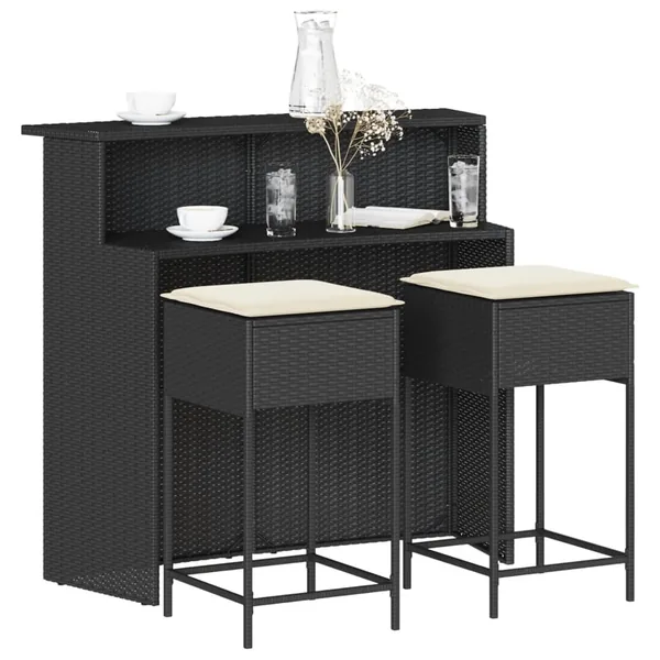 Ensemble de bar de jardin 3 pcs avec coussins noir poly rotin