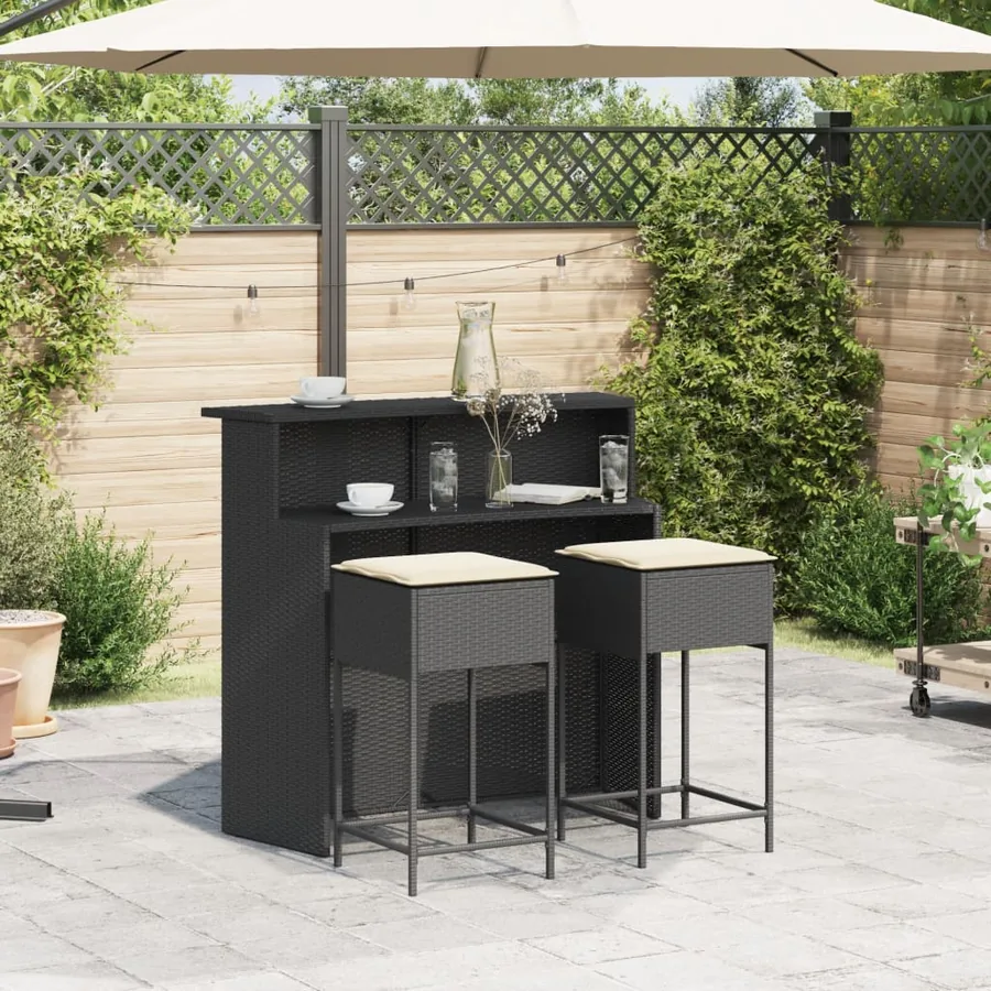 Ensemble de bar de jardin 3 pcs avec coussins noir poly rotin - 3