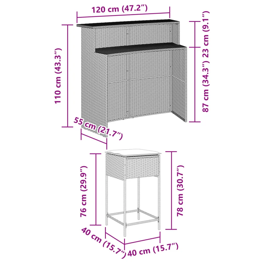 Ensemble de bar de jardin 3 pcs avec coussins noir poly rotin - 8