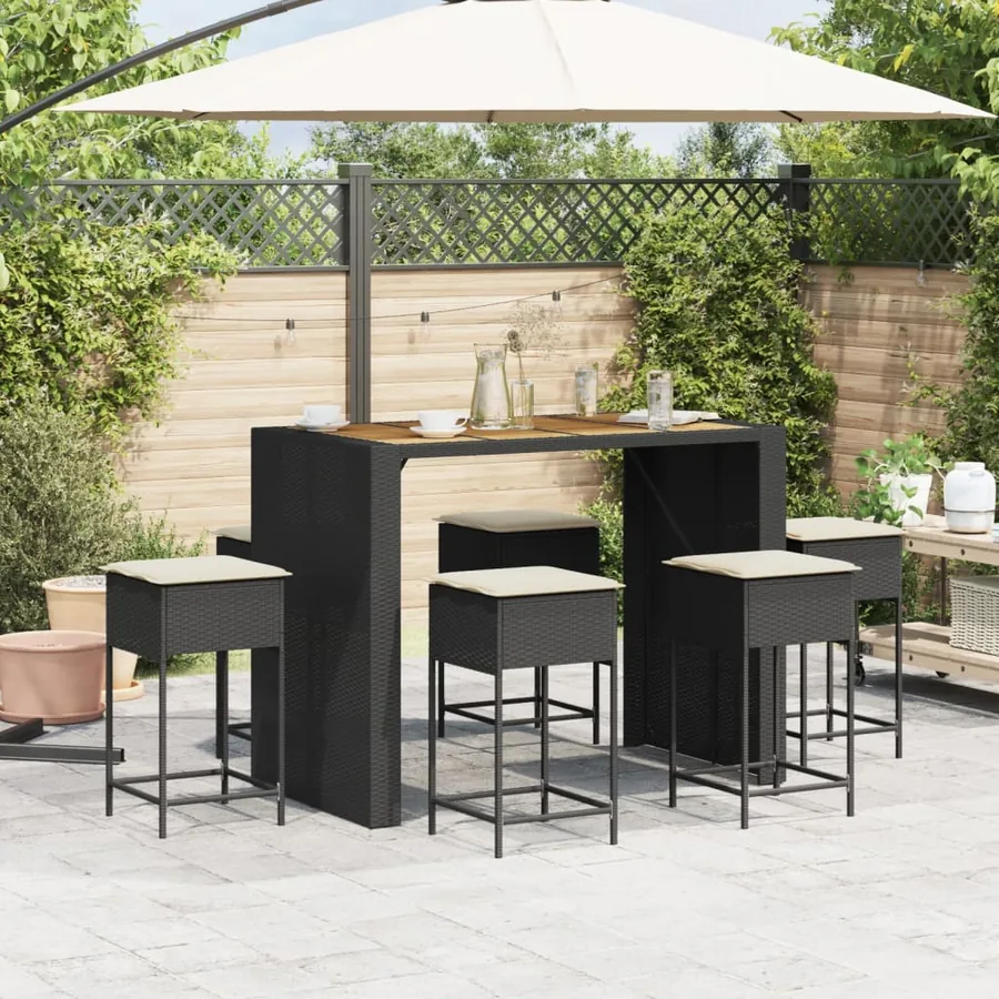 Ensemble de bar de jardin 7 pcs avec coussins noir poly rotin - 3