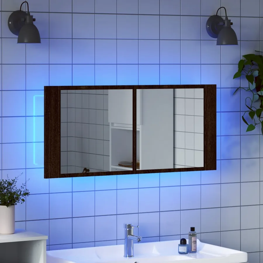 Armoire à miroir à LED de bain chêne marron 100x12x45 cm - 4