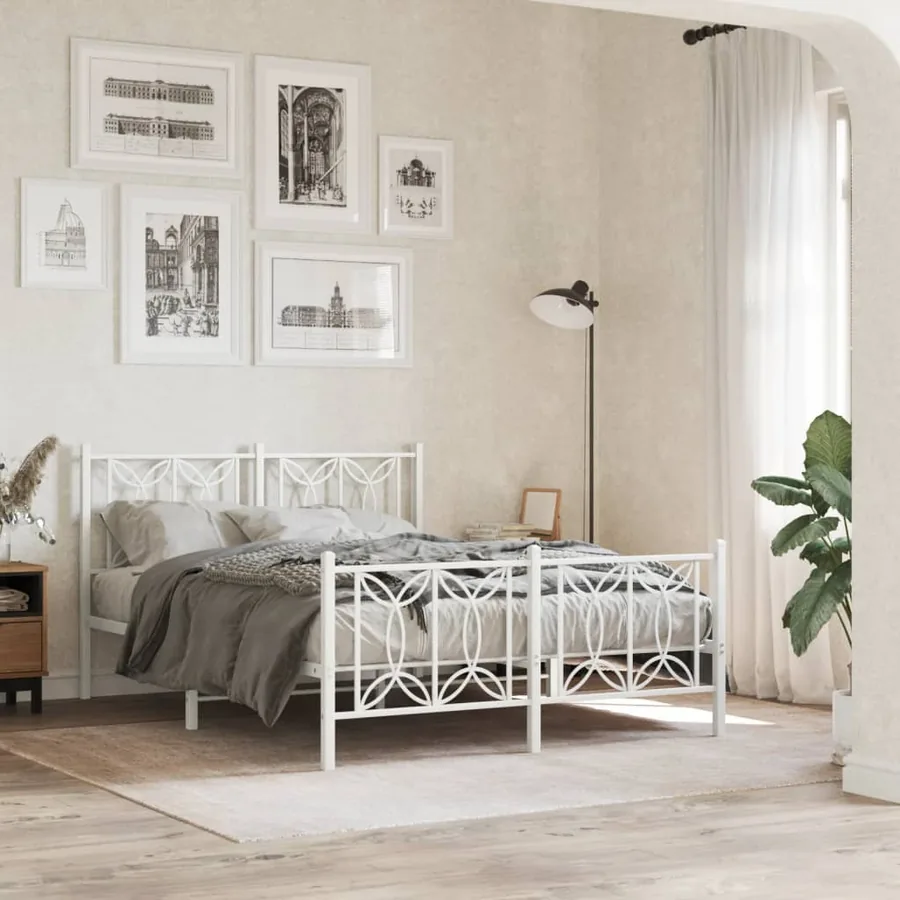 Cadre de lit métal sans matelas et pied de lit blanc 140x200 cm