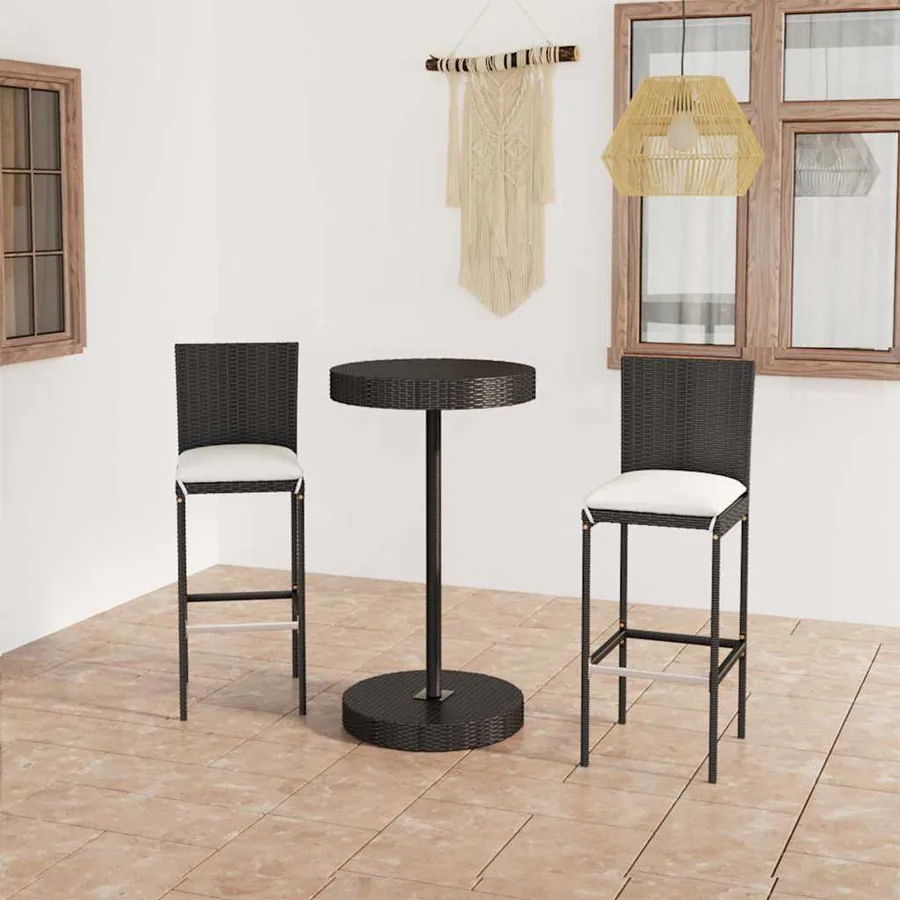 Ensemble de bar de jardin 3 pcs et coussins Résine tressée Noir