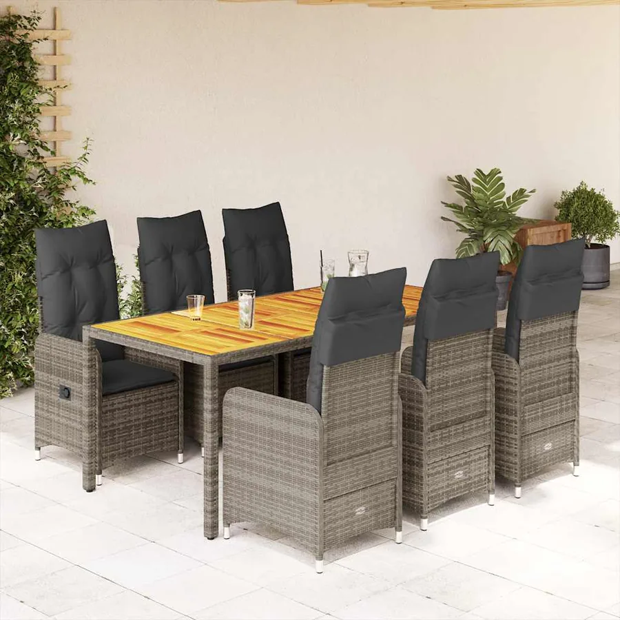 Ensemble de bistro de jardin 7 pcs coussins gris poly rotin