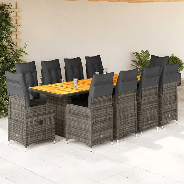 Ensemble de bistro de jardin 11 pcs coussins gris poly rotin