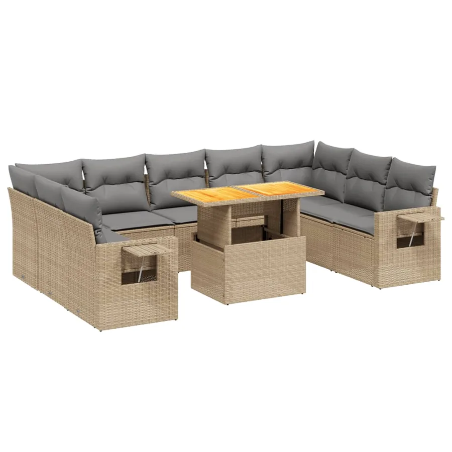 Salon de jardin avec coussins 10 pcs beige résine tressée - 2