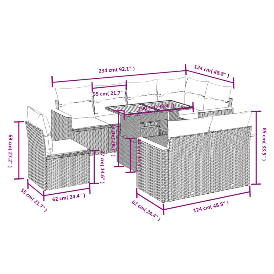 Salon de jardin avec coussins 9 pcs beige résine tressée - 3