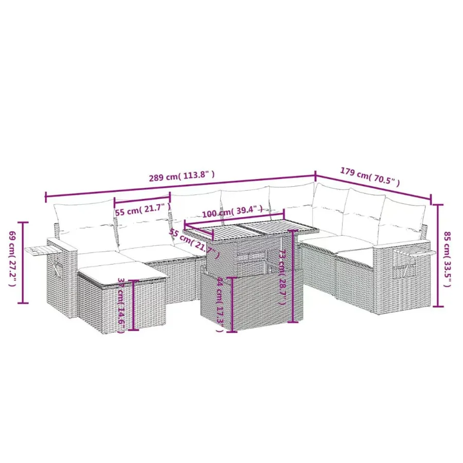 Salon de jardin avec coussins 9 pcs beige résine tressée - 3