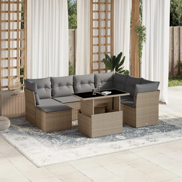 Salon de jardin avec coussins 8 pcs beige résine tressée