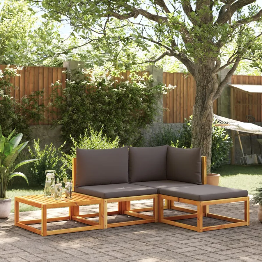 Ensemble de canapés de jardin 4 pièces avec coussins en bois d'acacia et rotin