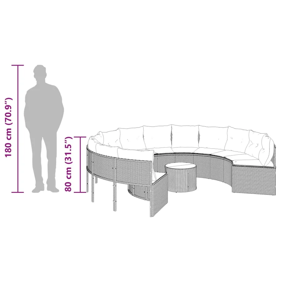Canapé de jardin avec table coussins rond noir résine tressée - 13