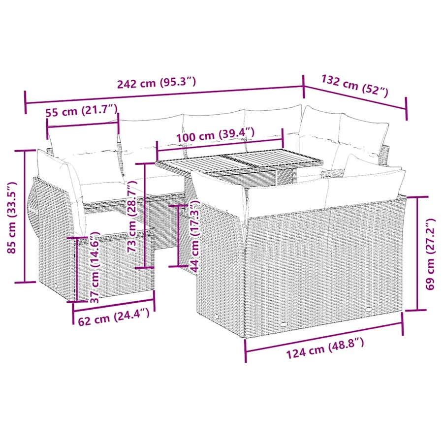 Salon de jardin avec coussins 9 pcs beige résine tressée - 3