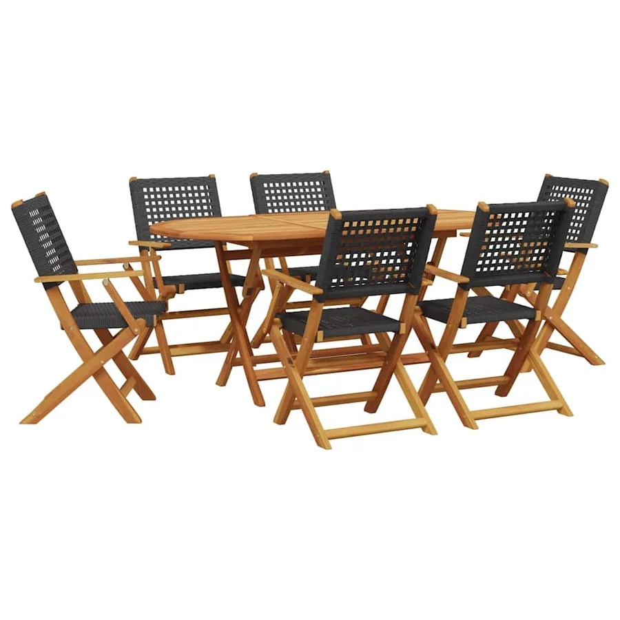 Ensemble à manger de jardin 7 pcs noir rotin et bois massif - 2