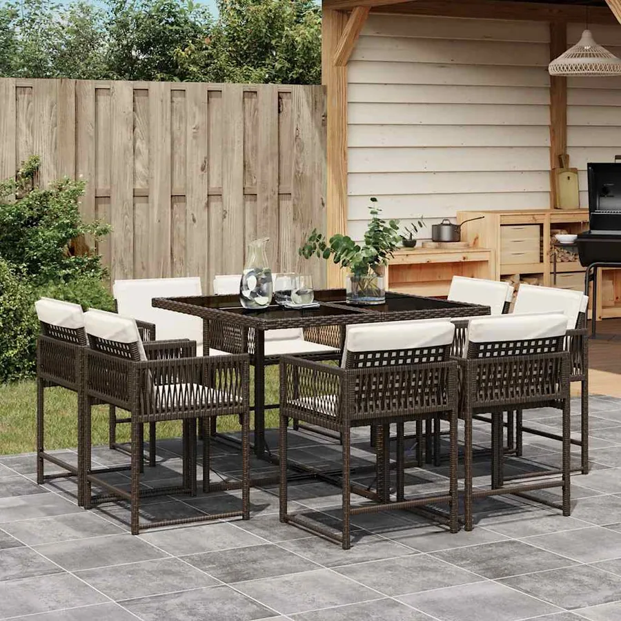 Ensemble à manger de jardin et coussins 9 pcs marron poly rotin