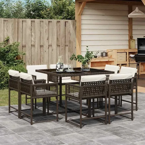 Ensemble à manger de jardin et coussins 9 pcs marron poly rotin