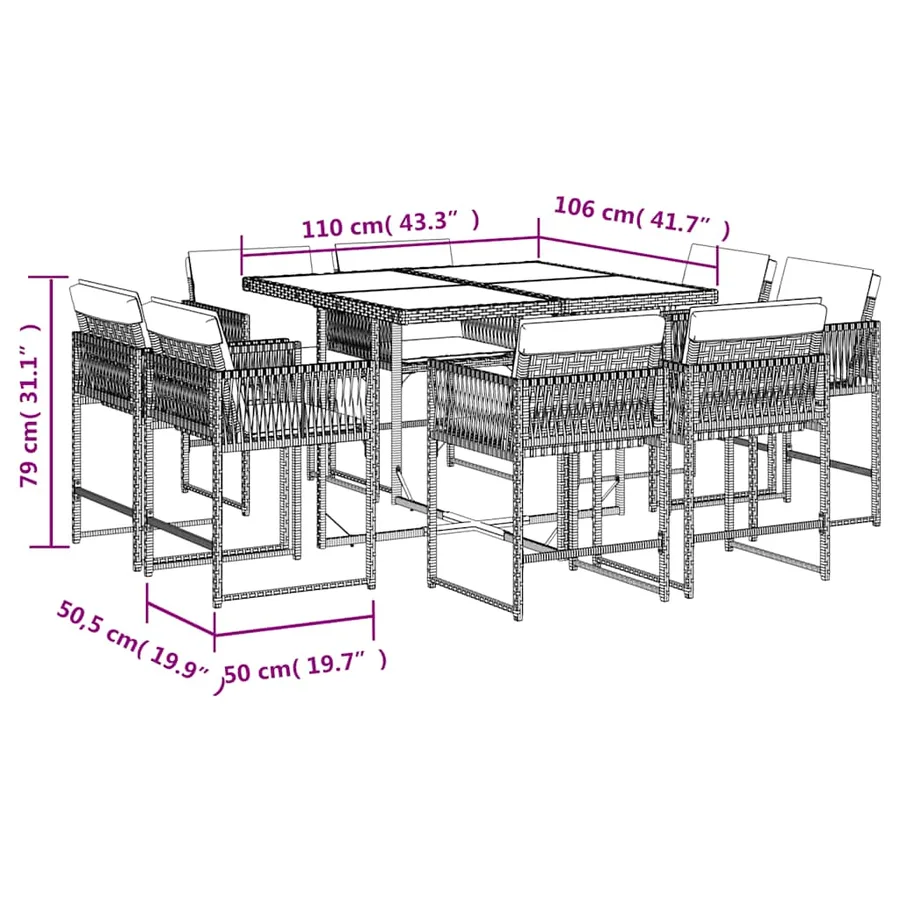 Ensemble à manger de jardin et coussins 9 pcs marron poly rotin - 5