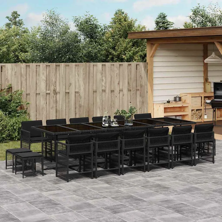 Ensemble à manger de jardin 17 pcs coussins noir résine tressée