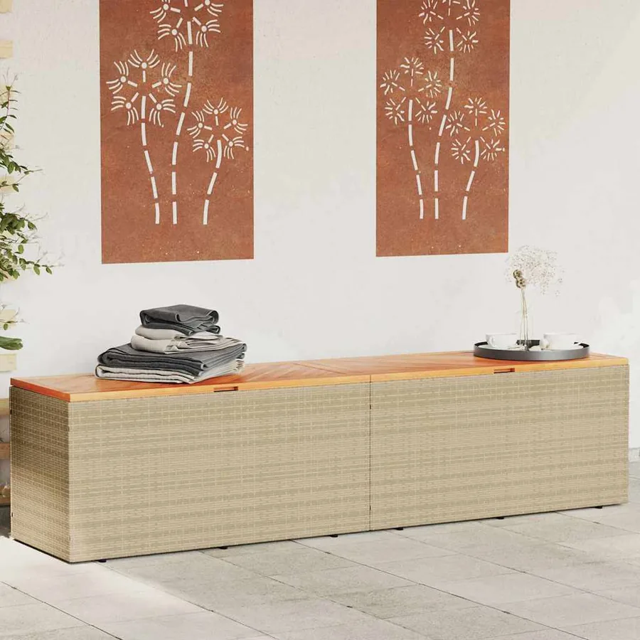 Boîte de rangement de jardin beige résine tressée bois d'acacia