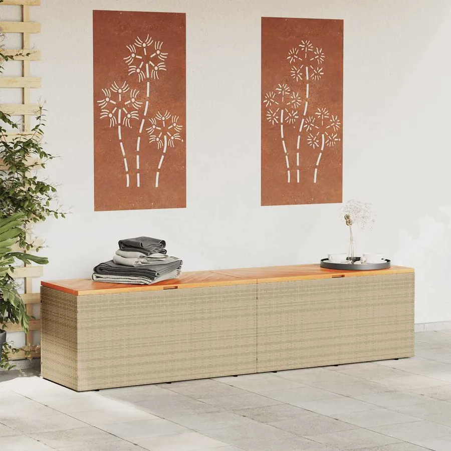 Boîte de rangement de jardin beige résine tressée bois d'acacia - 3